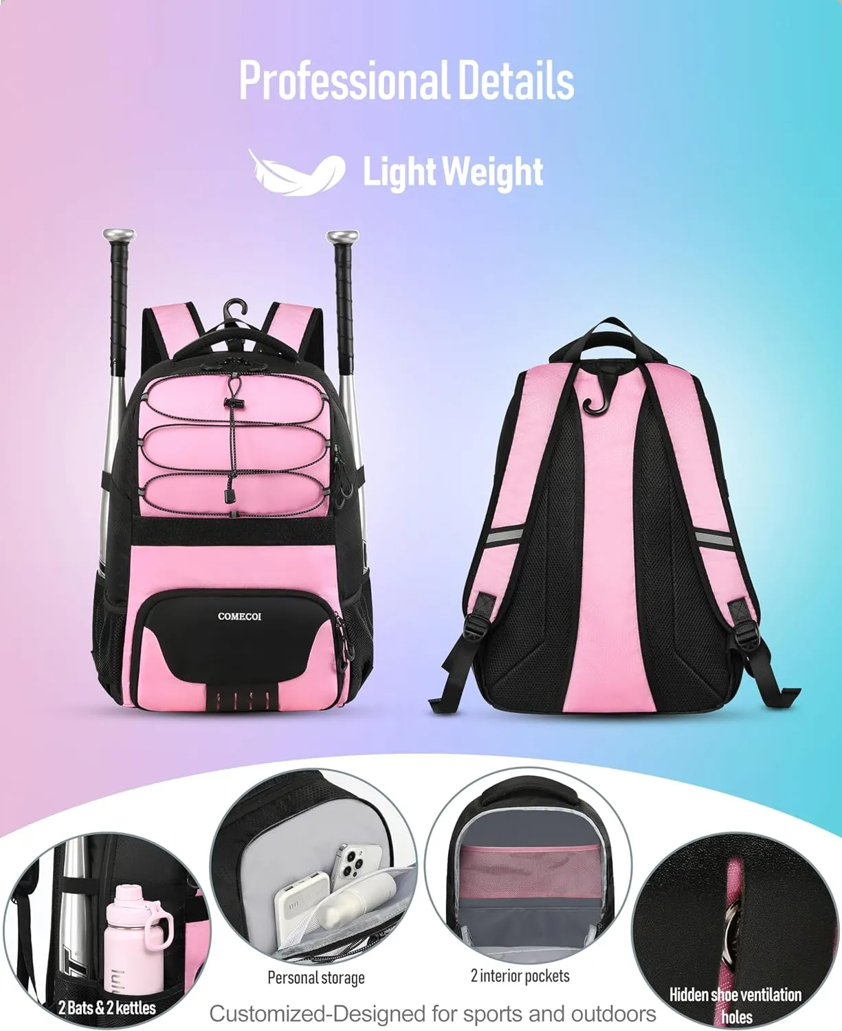 Softball Bag, Lightweight Baseball Backpack with Shoes Compartment, Baseball Bat Bags with Fence Hook for TBall Bat & Equipment, for Batting Mitten, Helmet, for Girls, Boys, Youth, Adults