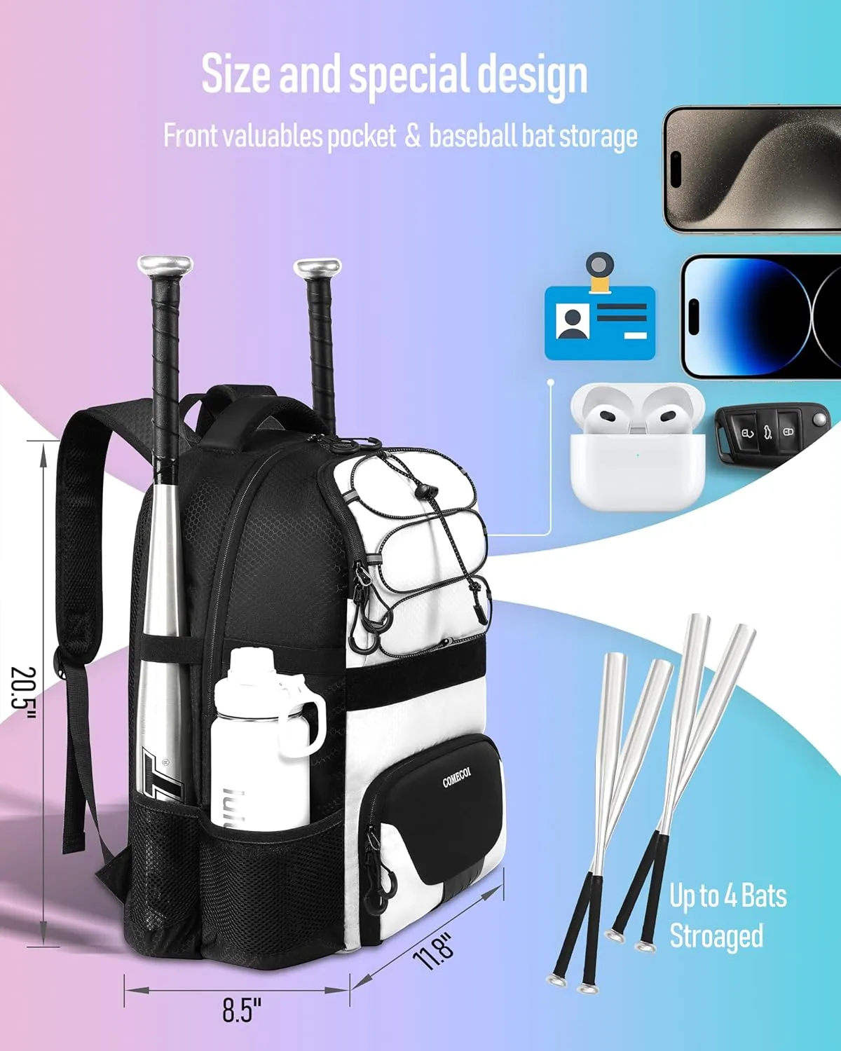 Softball Bag, Lightweight Baseball Backpack with Shoes Compartment, Baseball Bat Bags with Fence Hook for TBall Bat & Equipment, for Batting Mitten, Helmet, for Girls, Boys, Youth, Adults