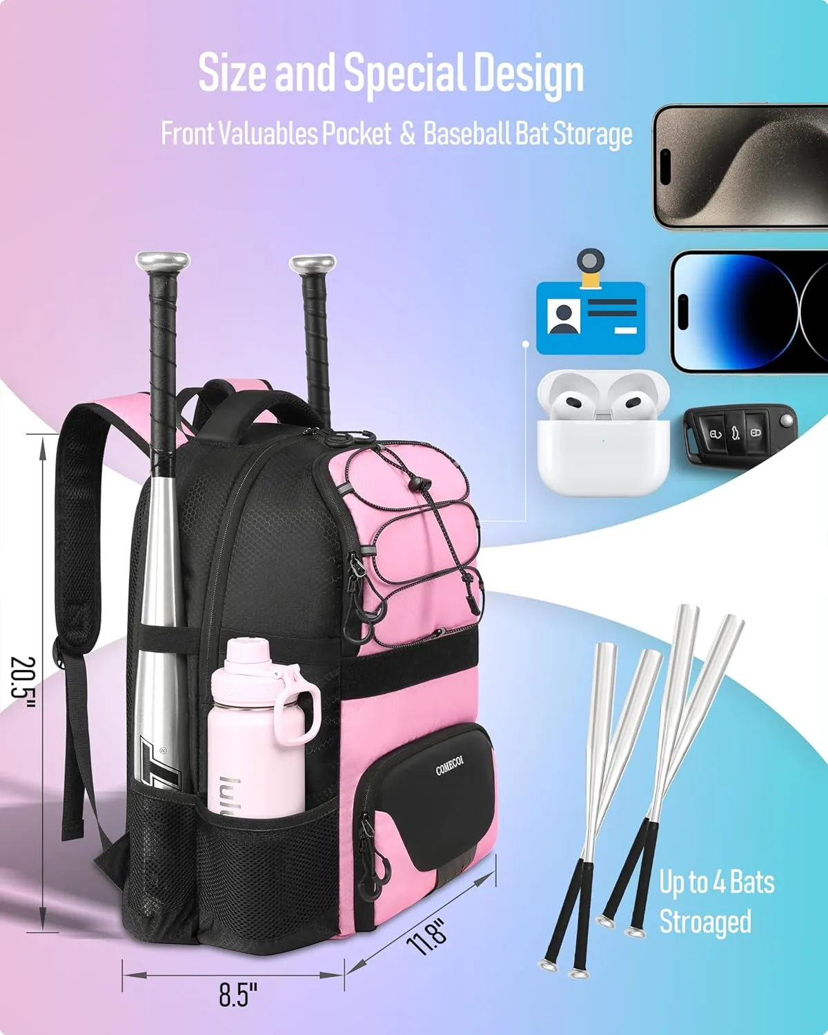 Softball Bag, Lightweight Baseball Backpack with Shoes Compartment, Baseball Bat Bags with Fence Hook for TBall Bat & Equipment, for Batting Mitten, Helmet, for Girls, Boys, Youth, Adults