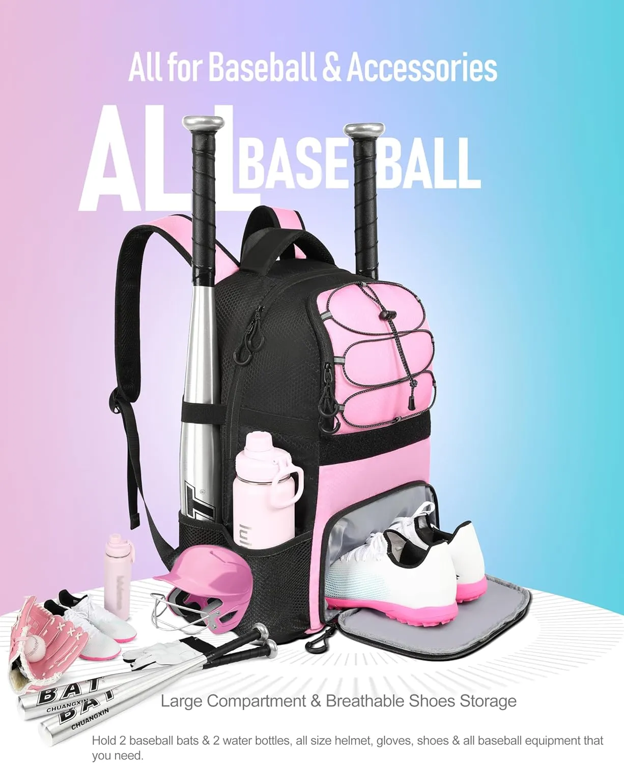 Softball Bag, Lightweight Baseball Backpack with Shoes Compartment, Baseball Bat Bags with Fence Hook for TBall Bat & Equipment, for Batting Mitten, Helmet, for Girls, Boys, Youth, Adults