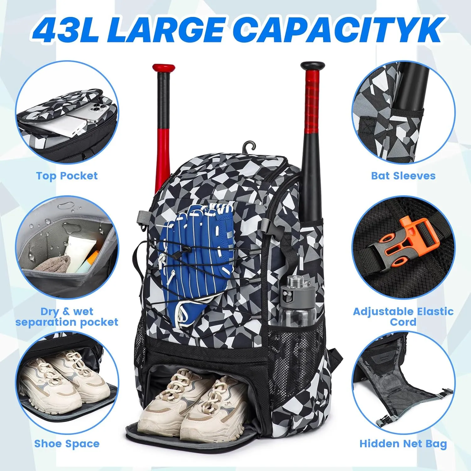 Softball Bag,Softball Bat Bag For Youth Adults,Baseball Bag with Fence Hook for TBall Bat & Equipment,Lightweight Baseball Bat Backpack with Shoe Compartment,Large Main Compartment for Helmet