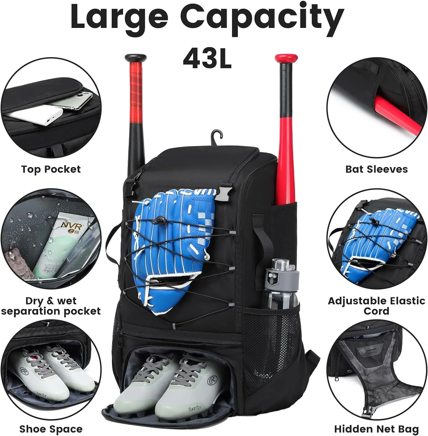 Softball Bag,Softball Bat Bag For Youth Adults,Baseball Bag with Fence Hook for TBall Bat & Equipment,Lightweight Baseball Bat Backpack with Shoe Compartment,Large Main Compartment for Helmet