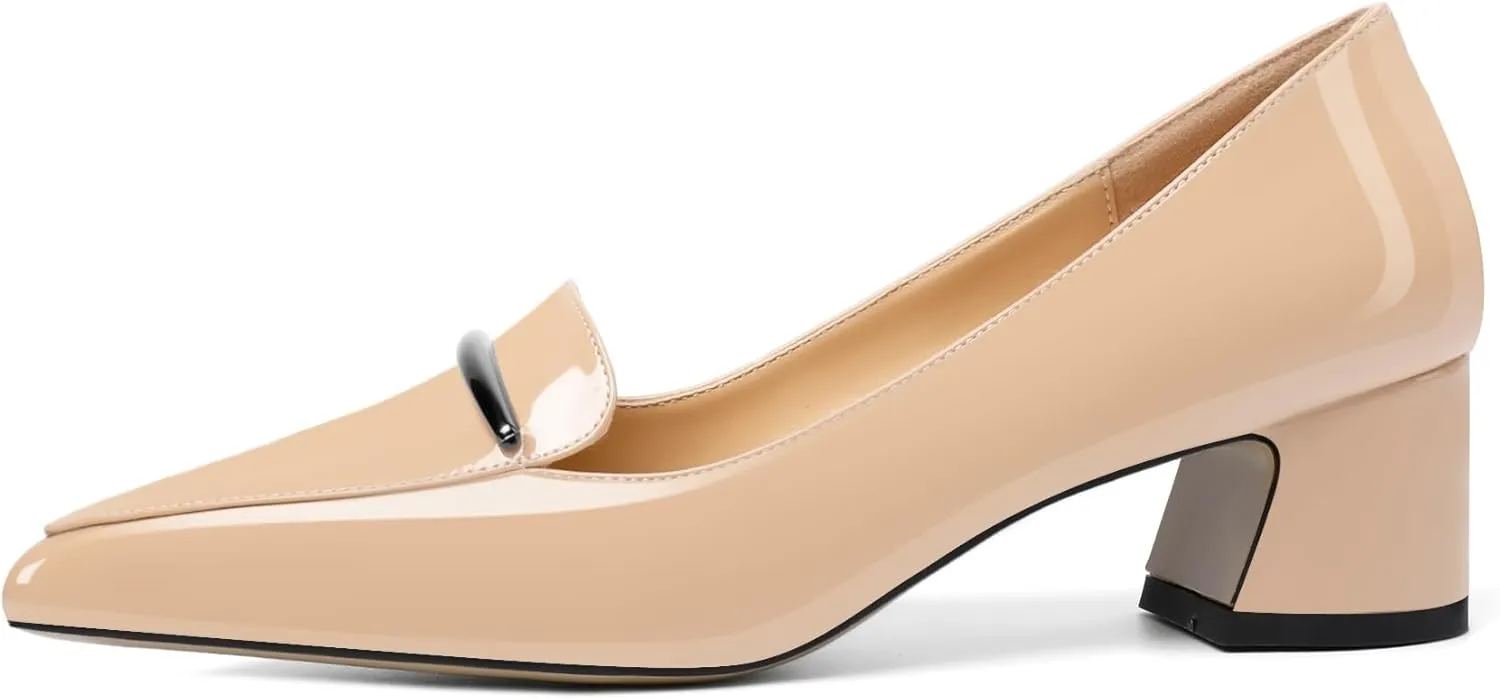 Soireelady Womens Block Heel Low Chunky Heels, Pointed Toe Loafer Heels Slip On Dress Shoes 2 Inches