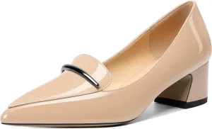 Soireelady Womens Block Heel Low Chunky Heels, Pointed Toe Loafer Heels Slip On Dress Shoes 2 Inches