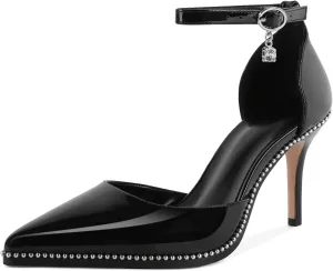 Soireelady Womens High Heels Beaded Pumps Stiletto Ankle Strap Pointed Toe D'Orsay Heel Dress Shoes Patent Leather 3.5 Inch