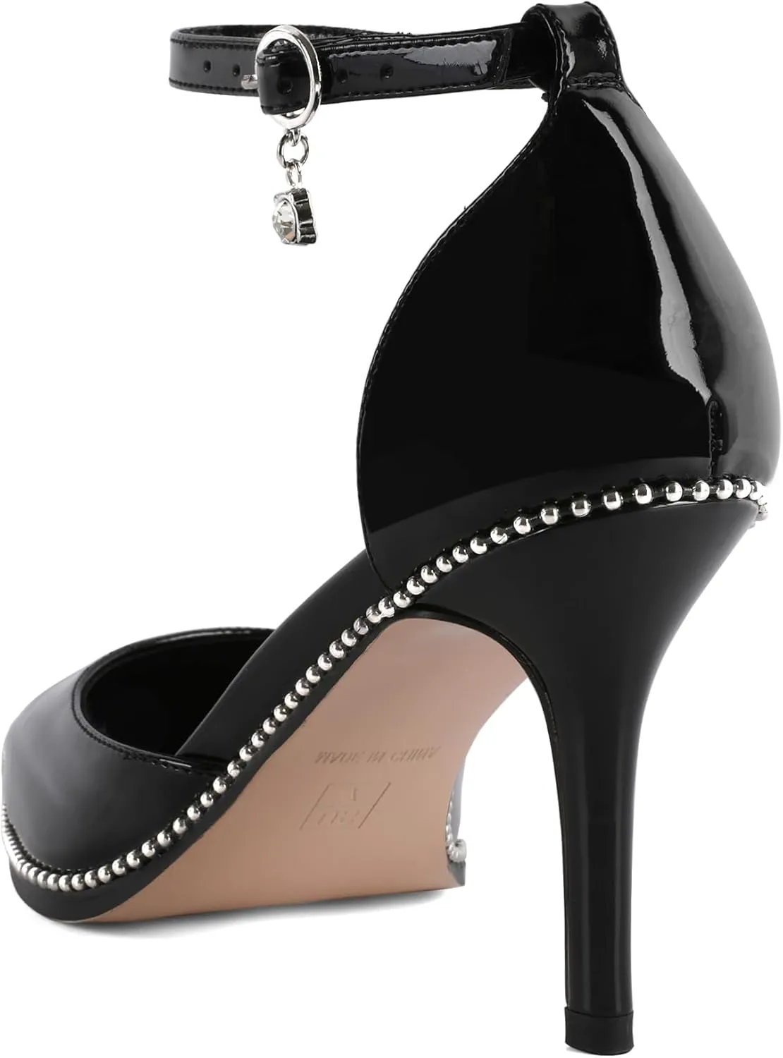 Soireelady Womens High Heels Beaded Pumps Stiletto Ankle Strap Pointed Toe D'Orsay Heel Dress Shoes Patent Leather 3.5 Inch