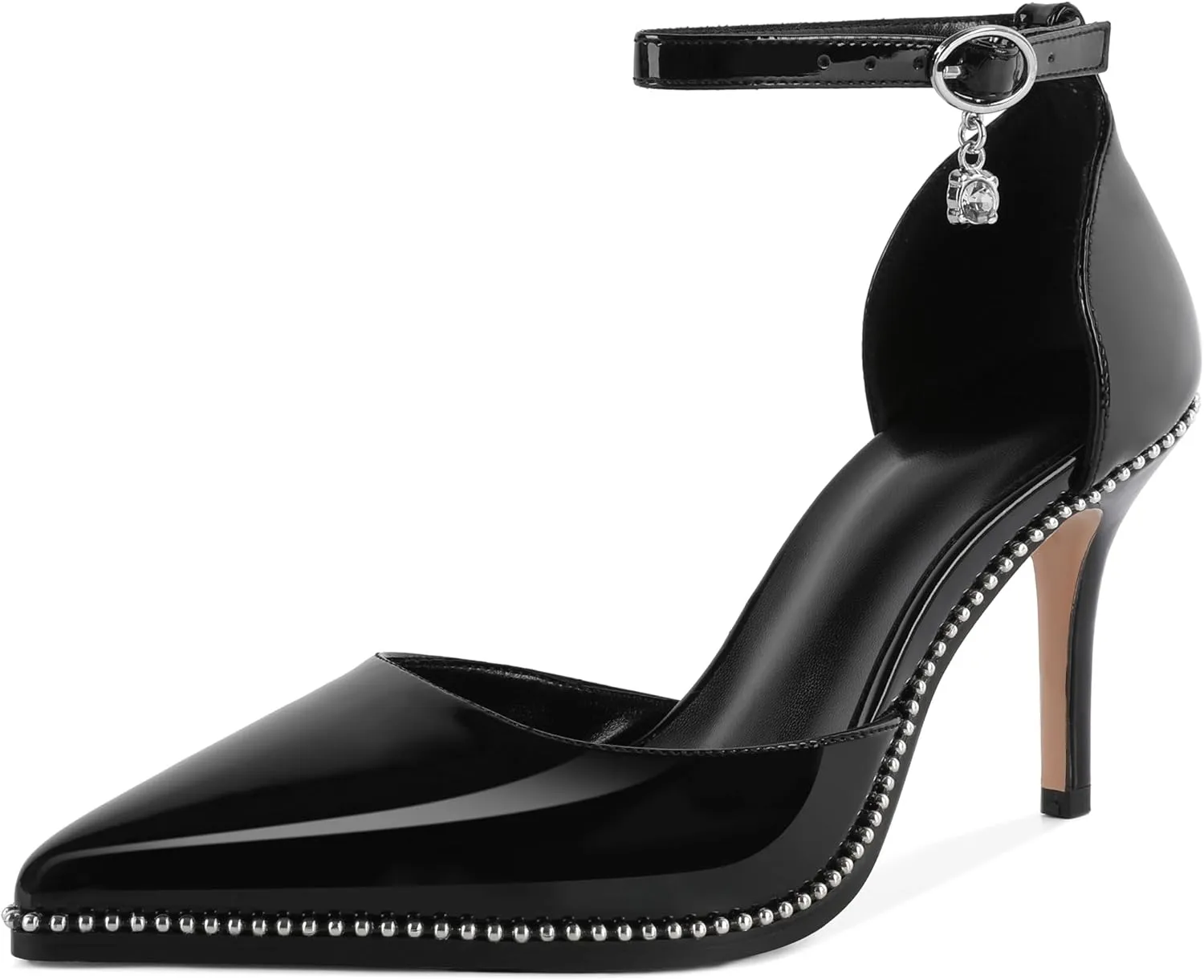Soireelady Womens High Heels Beaded Pumps Stiletto Ankle Strap Pointed Toe D'Orsay Heel Dress Shoes Patent Leather 3.5 Inch