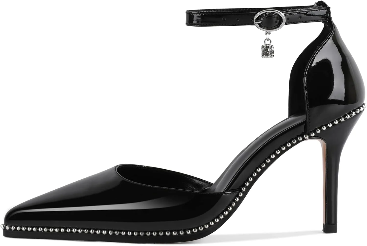 Soireelady Womens High Heels Beaded Pumps Stiletto Ankle Strap Pointed Toe D'Orsay Heel Dress Shoes Patent Leather 3.5 Inch