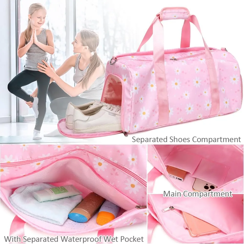 Sports Duffel Bag for Girls Daisy Dance Bag for Girls Water Resistant Sports Gym Bag Weekend Sleepover Bags with Shoes Compartment Wet Pocket