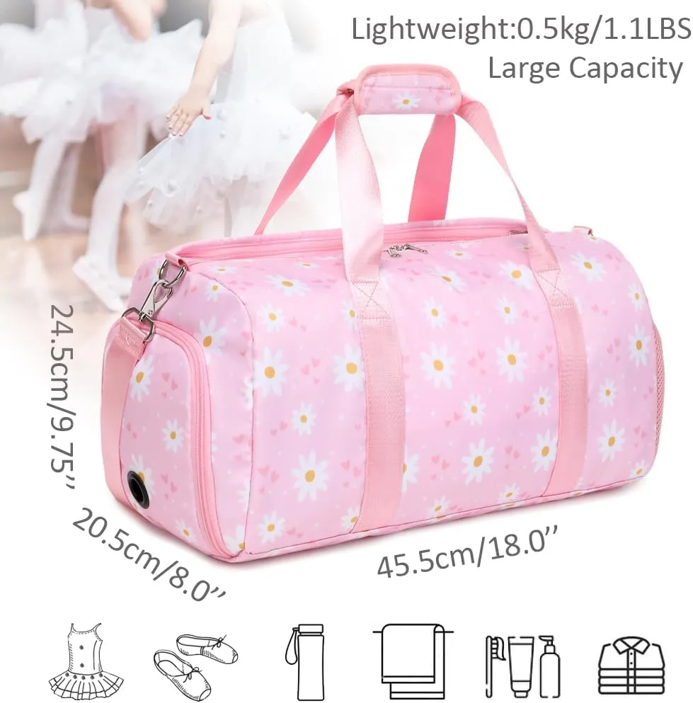 Sports Duffel Bag for Girls Daisy Dance Bag for Girls Water Resistant Sports Gym Bag Weekend Sleepover Bags with Shoes Compartment Wet Pocket