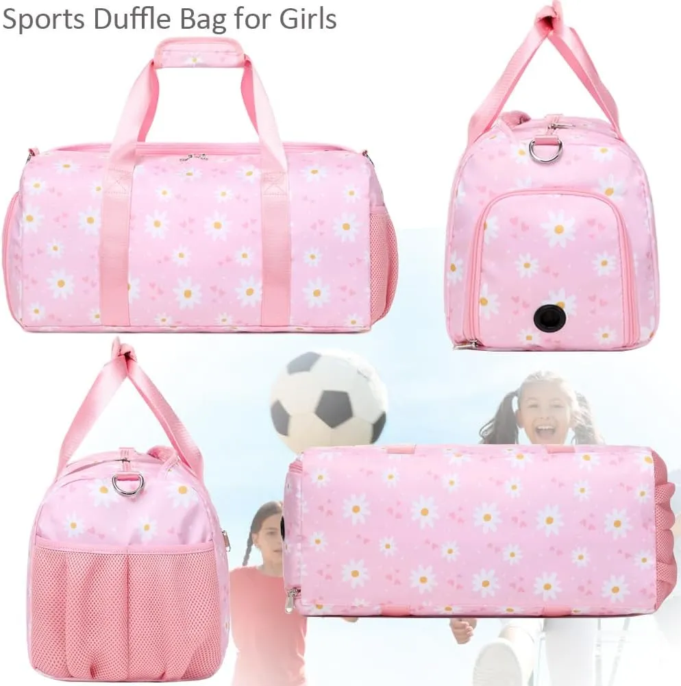 Sports Duffel Bag for Girls Daisy Dance Bag for Girls Water Resistant Sports Gym Bag Weekend Sleepover Bags with Shoes Compartment Wet Pocket