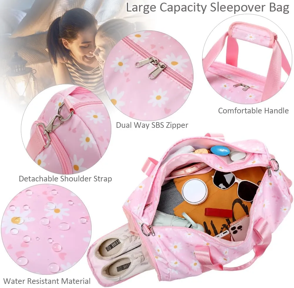 Sports Duffel Bag for Girls Daisy Dance Bag for Girls Water Resistant Sports Gym Bag Weekend Sleepover Bags with Shoes Compartment Wet Pocket
