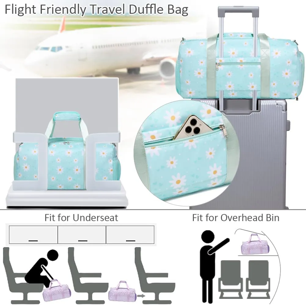 Sports Gym Bag for Girls Dance Bag Daisy Duffel Bag for Girls Water Resistant Sports Duffle Bag Overnight Sleepover Bags with Shoes Compartment Wet Pocket
