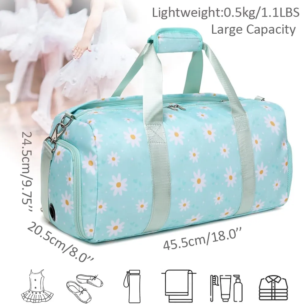 Sports Gym Bag for Girls Dance Bag Daisy Duffel Bag for Girls Water Resistant Sports Duffle Bag Overnight Sleepover Bags with Shoes Compartment Wet Pocket