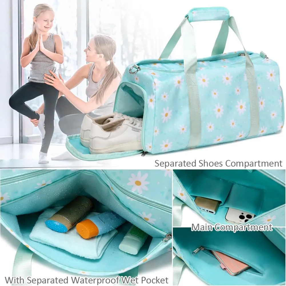 Sports Gym Bag for Girls Dance Bag Daisy Duffel Bag for Girls Water Resistant Sports Duffle Bag Overnight Sleepover Bags with Shoes Compartment Wet Pocket