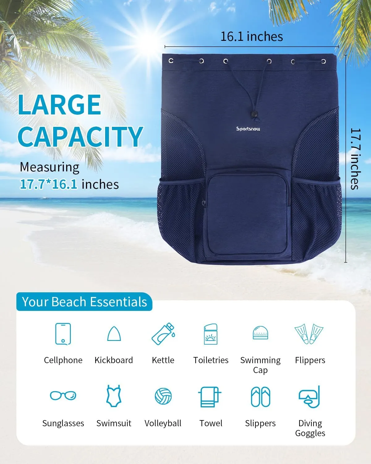 sportsnew Swim Bag Mesh Beach Drawstring Backpack with Wet Pocket, Drawstring Bag for Swimming, Gym, Pool, Workout Gear, Beach Volleyball Backpack for Women Men