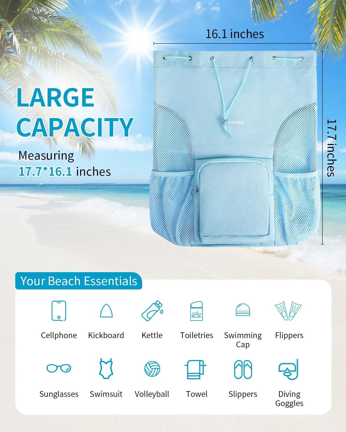 sportsnew Swim Bag Mesh Beach Drawstring Backpack with Wet Pocket, Drawstring Bag for Swimming, Gym, Pool, Workout Gear, Beach Volleyball Backpack for Women Men