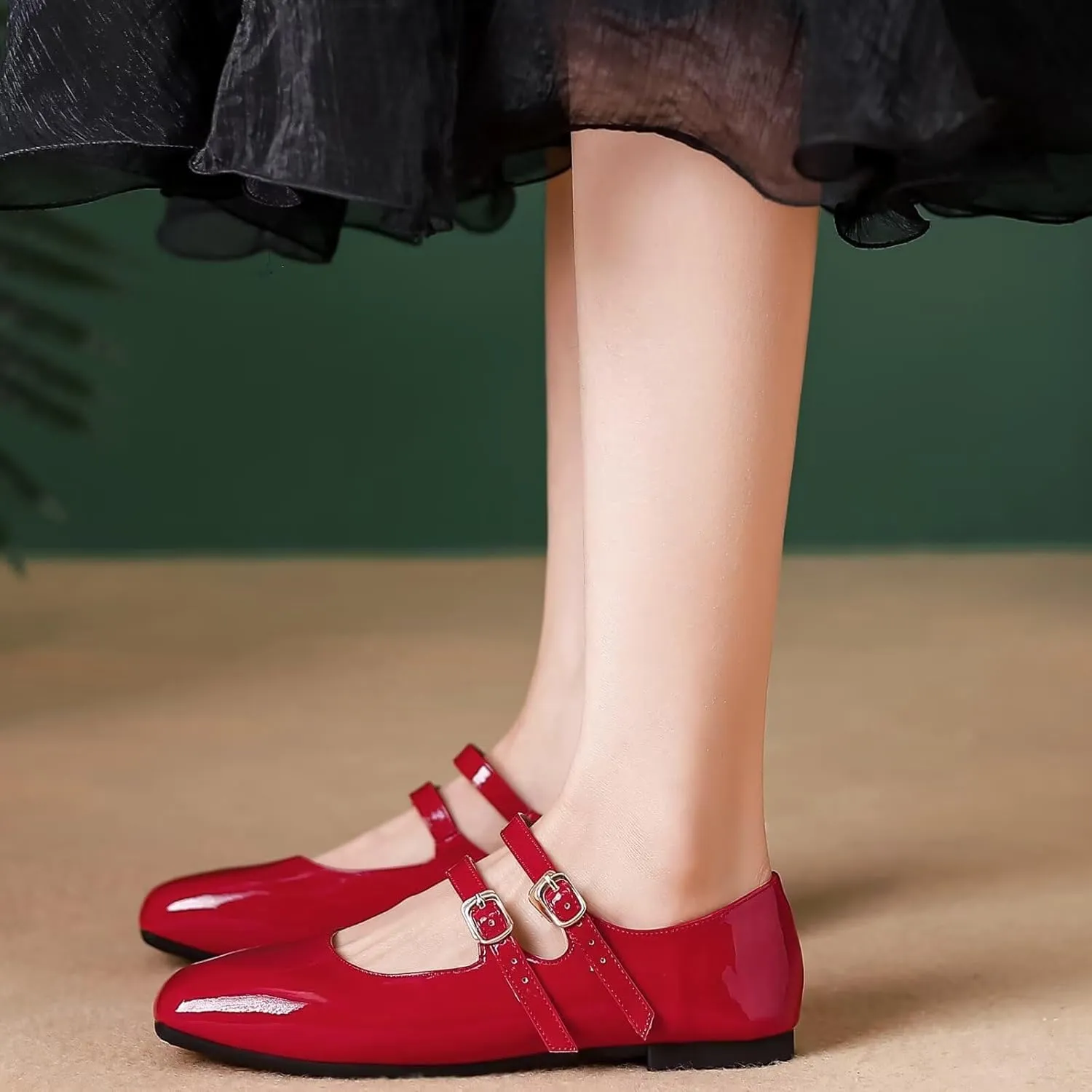 Stunner Women's Mary Jane Flats Retro Square Toe Soft Ballet Flats Comfort Double Line Strap Wedding Dressy Flats 2