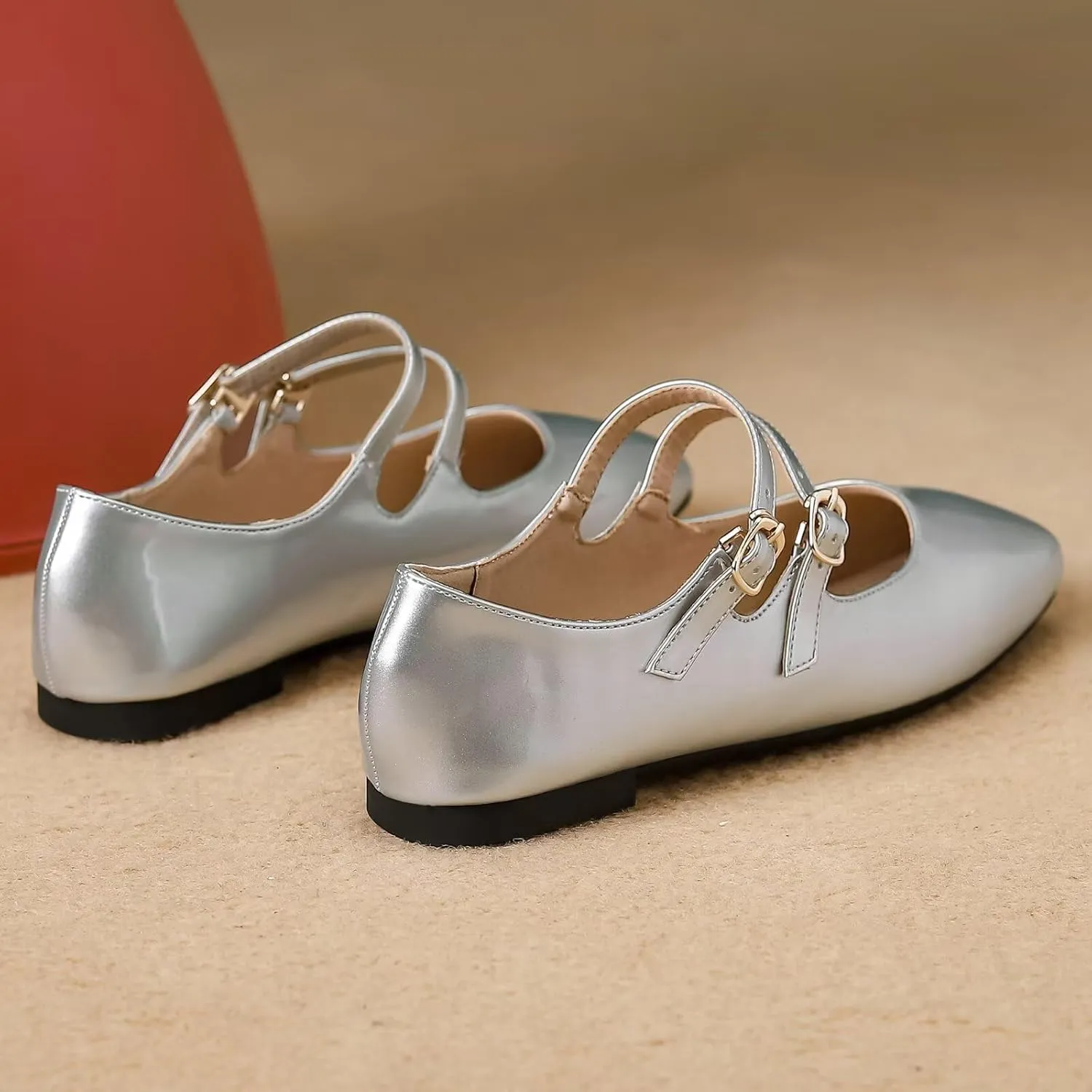 Stunner Women's Mary Jane Flats Retro Square Toe Soft Ballet Flats Comfort Double Line Strap Wedding Dressy Flats 2