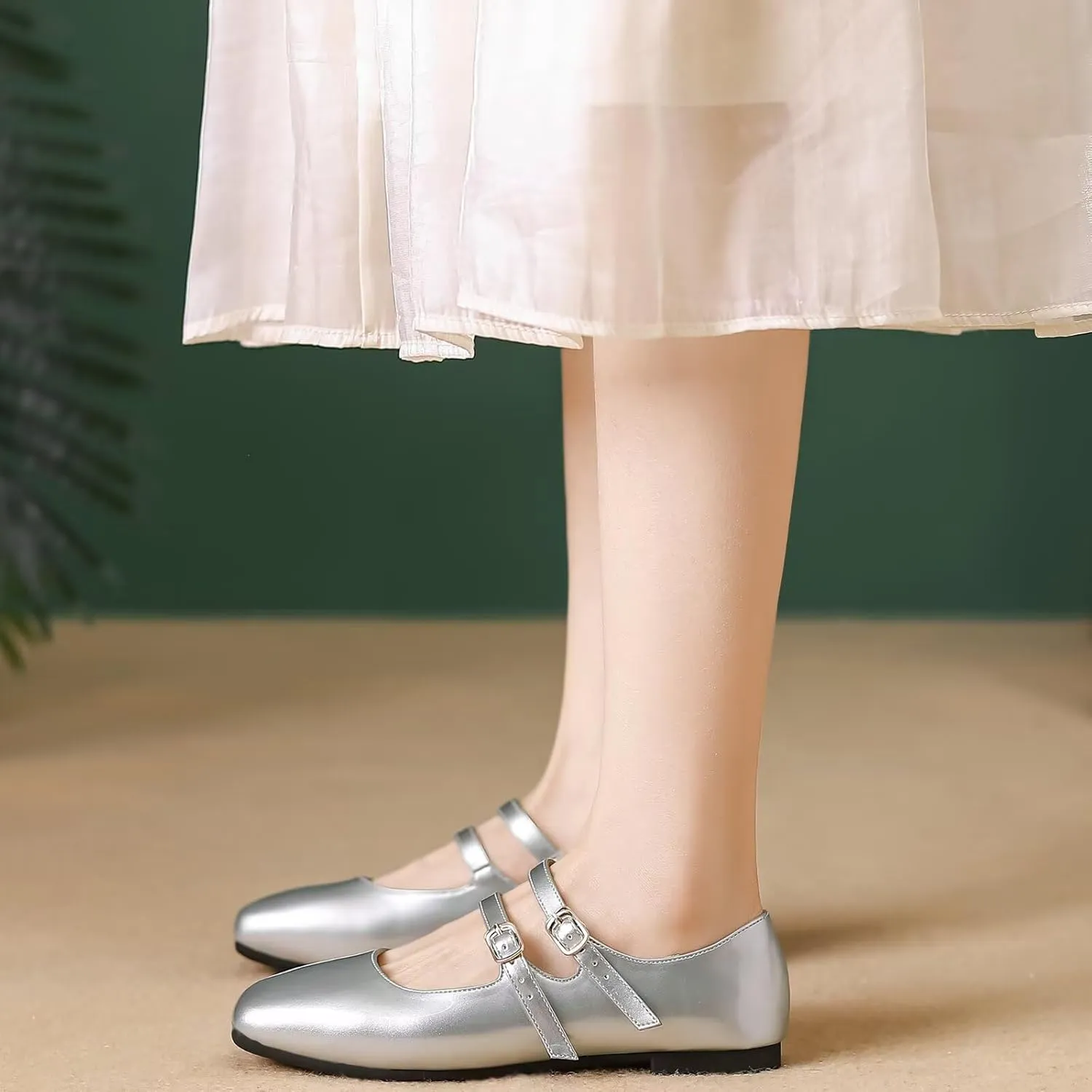 Stunner Women's Mary Jane Flats Retro Square Toe Soft Ballet Flats Comfort Double Line Strap Wedding Dressy Flats 2