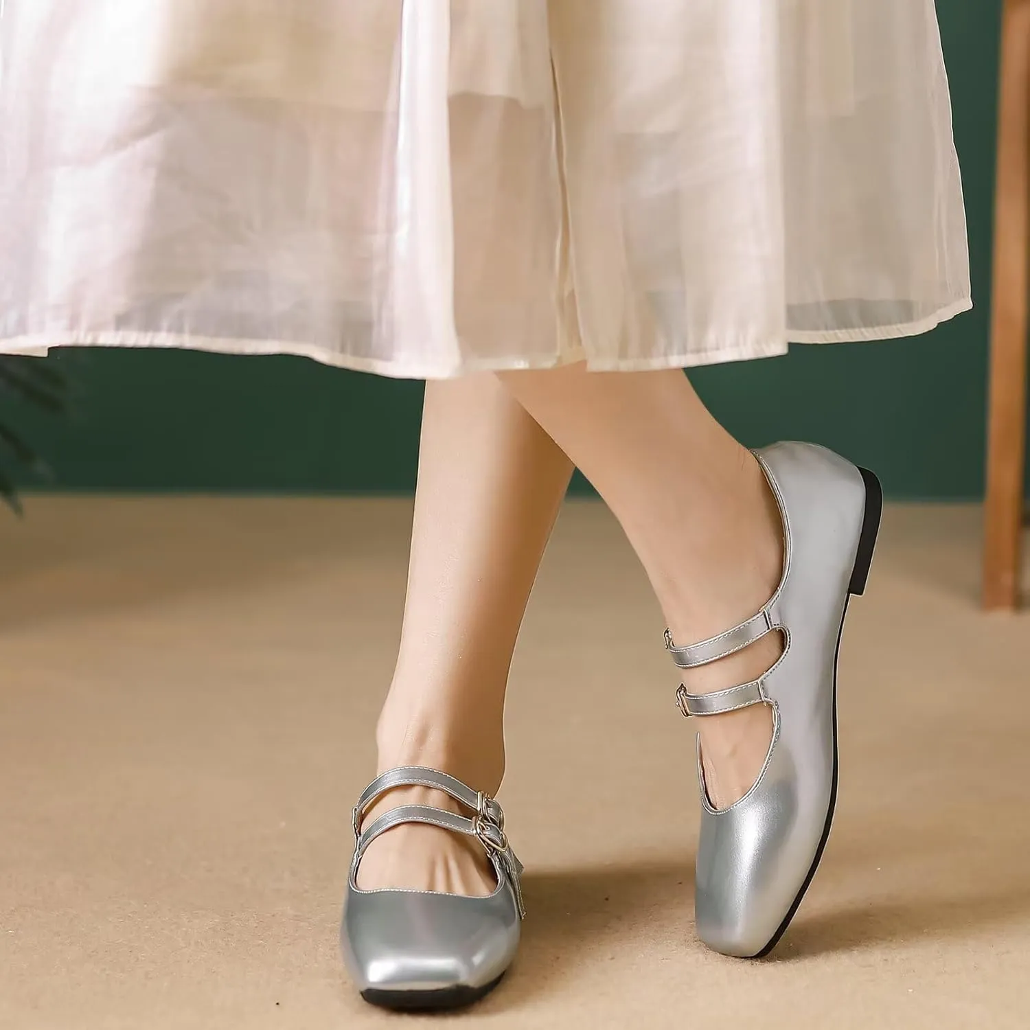 Stunner Women's Mary Jane Flats Retro Square Toe Soft Ballet Flats Comfort Double Line Strap Wedding Dressy Flats 2