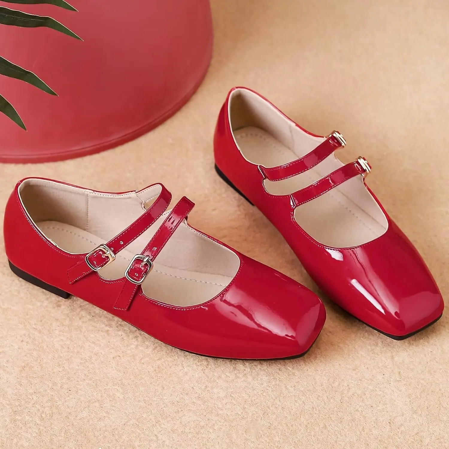 Stunner Women's Mary Jane Flats Retro Square Toe Soft Ballet Flats Comfort Double Line Strap Wedding Dressy Flats 2