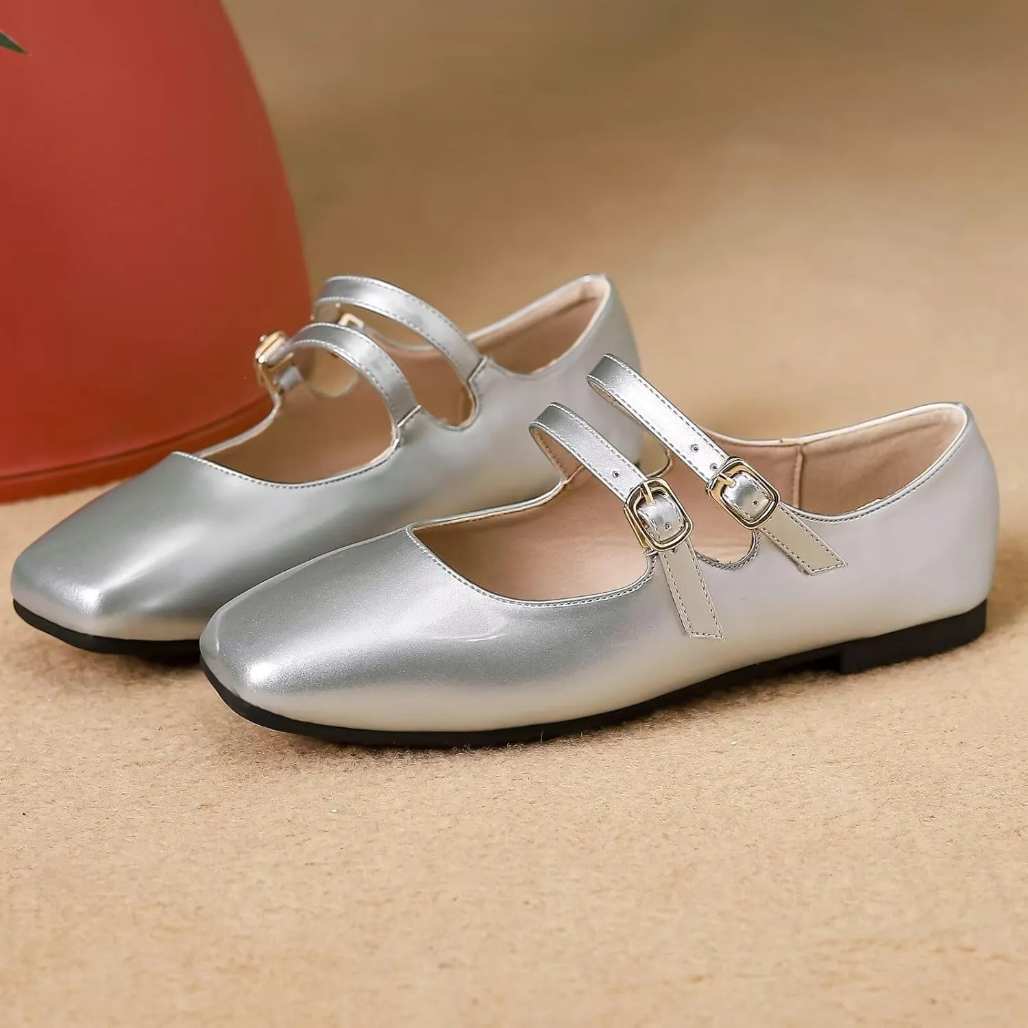 Stunner Women's Mary Jane Flats Retro Square Toe Soft Ballet Flats Comfort Double Line Strap Wedding Dressy Flats 2