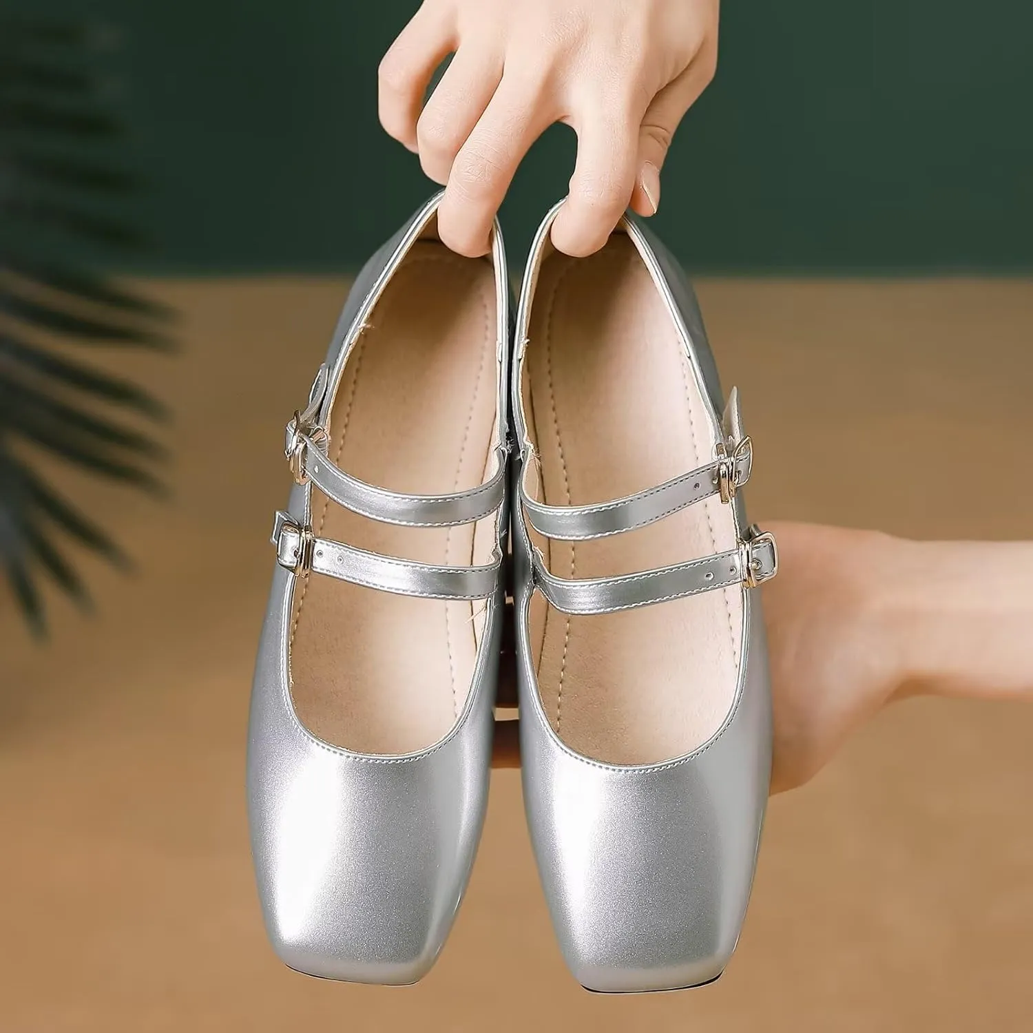 Stunner Women's Mary Jane Flats Retro Square Toe Soft Ballet Flats Comfort Double Line Strap Wedding Dressy Flats 2