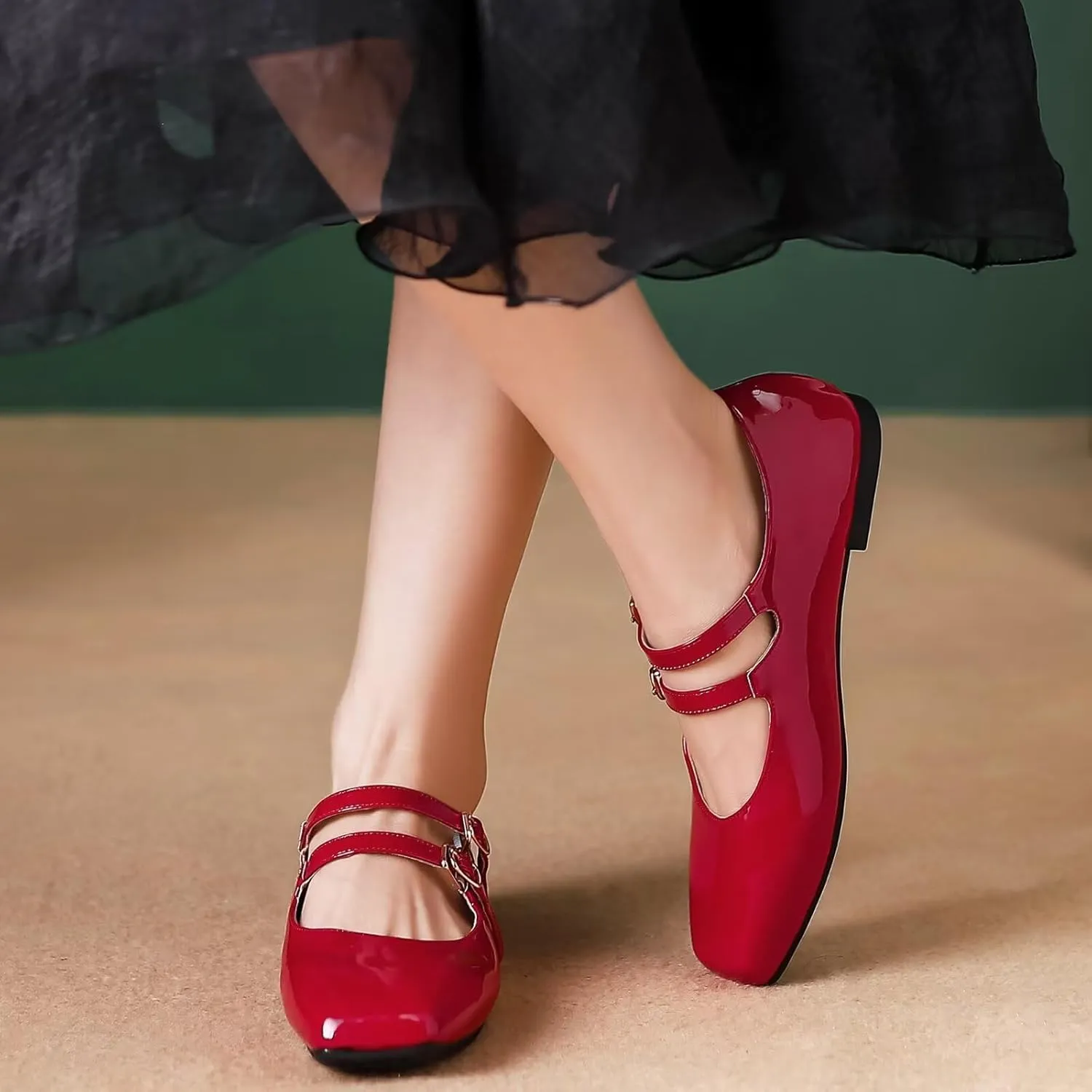 Stunner Women's Mary Jane Flats Retro Square Toe Soft Ballet Flats Comfort Double Line Strap Wedding Dressy Flats 2