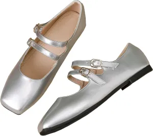Stunner Women's Mary Jane Flats Retro Square Toe Soft Ballet Flats Comfort Double Line Strap Wedding Dressy Flats 2