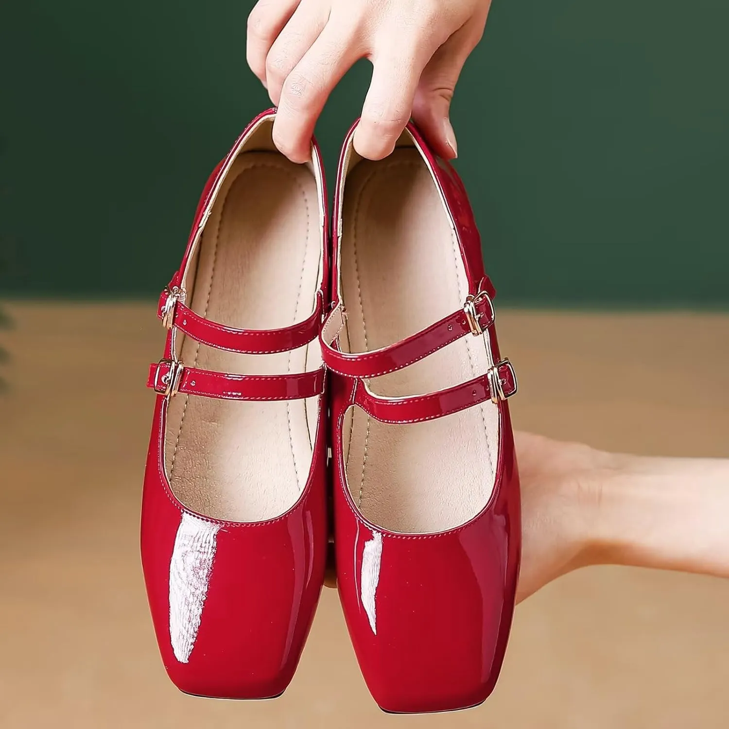 Stunner Women's Mary Jane Flats Retro Square Toe Soft Ballet Flats Comfort Double Line Strap Wedding Dressy Flats 2