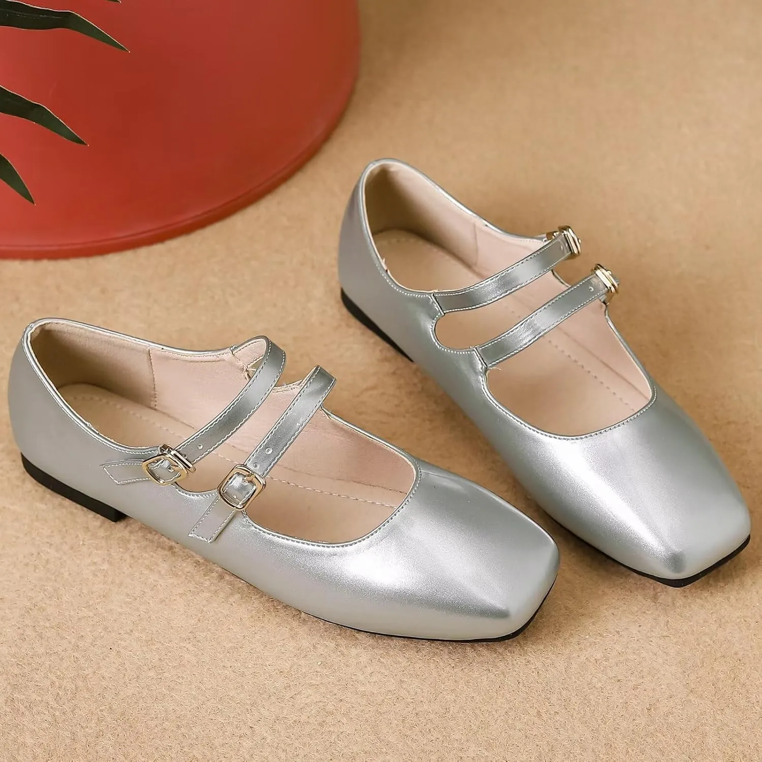 Stunner Women's Mary Jane Flats Retro Square Toe Soft Ballet Flats Comfort Double Line Strap Wedding Dressy Flats 2