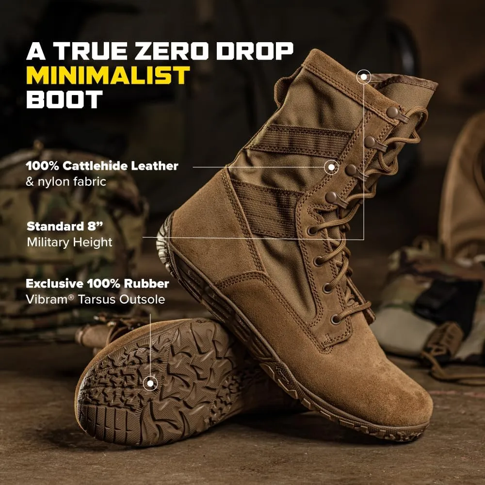 Tactical Research Mini-Mil TR105 8" Tactical Boots for Men - Minimalist Army/Air Force OCP ACU Coyote Brown Leather with Low Drop and Slip-Resistant Vibram Tarsus Outsole
