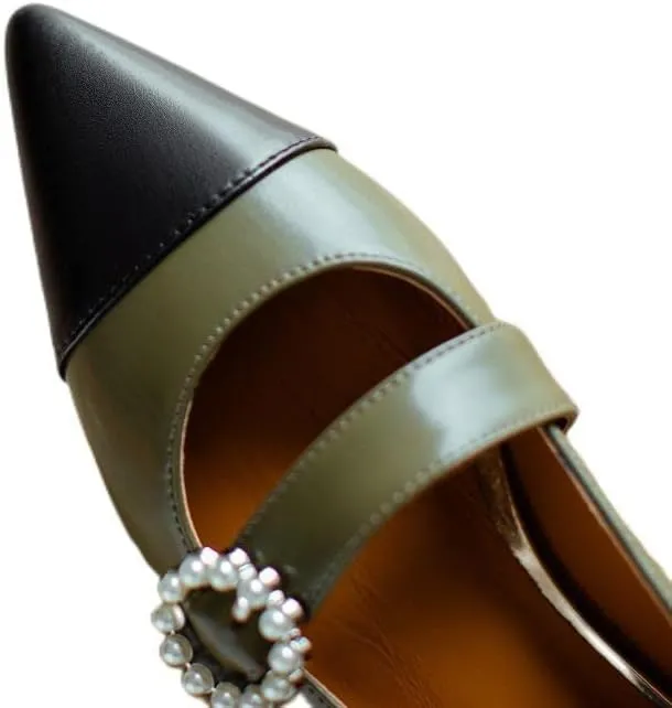 TinaCus Women's Cap-Toe Soft Leather Handmade Pearls Buckle Comfort Mary Jane Flats Shoes