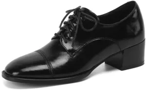 TinaCus Women's Genuine Leather Handmade Classic Square Toe Lace Up Low Stacked Heel Retro Oxford Pumps Shoes