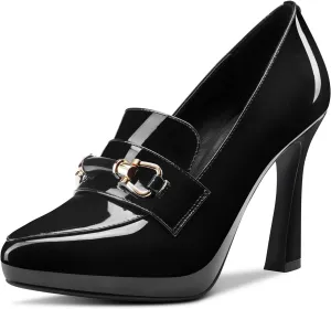 TNYNFBEB Womens Chunky Block High Heel Close Pointed Toe Pumps Slip-on Metal Chain Prom Basic Classic 3.9 Inches Heels