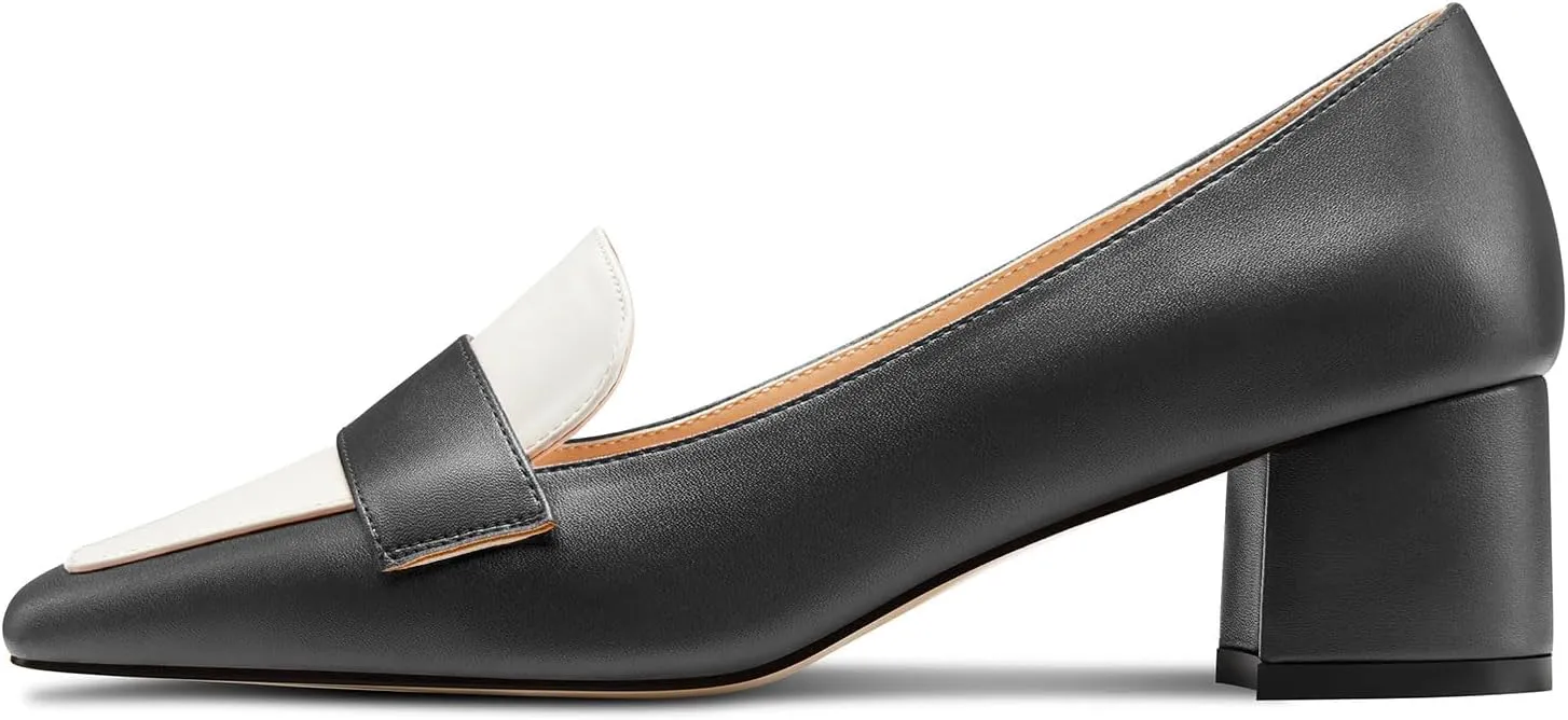 TNYNFBEB Womens Chunky Block Mid Heel Close Square Toe Pumps Slip-on Patchwork Prom Basic Classic 2.0 Inches Heels