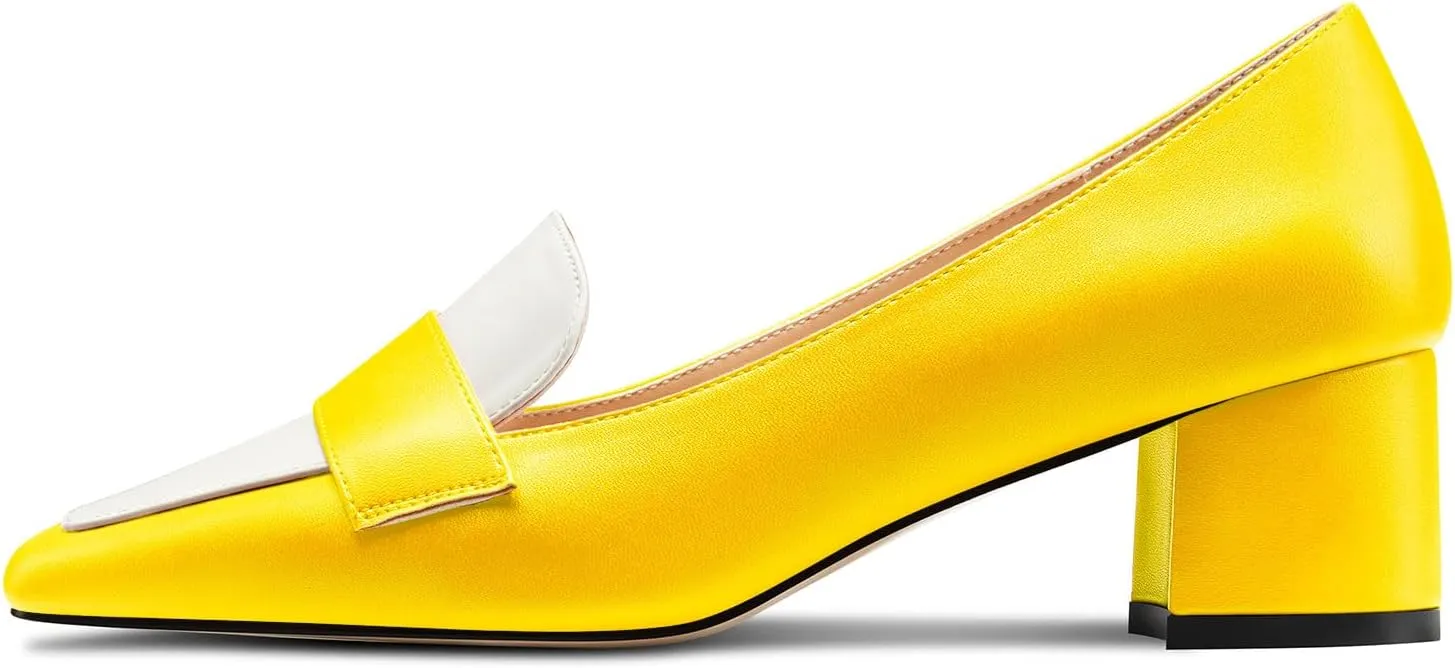 TNYNFBEB Womens Chunky Block Mid Heel Close Square Toe Pumps Slip-on Patchwork Prom Basic Classic 2.0 Inches Heels