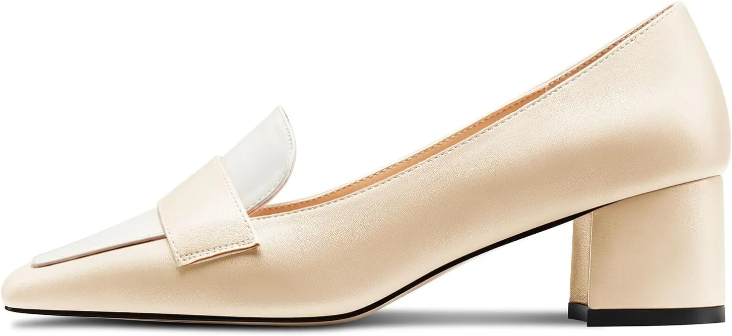 TNYNFBEB Womens Chunky Block Mid Heel Close Square Toe Pumps Slip-on Patchwork Prom Basic Classic 2.0 Inches Heels
