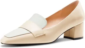 TNYNFBEB Womens Chunky Block Mid Heel Close Square Toe Pumps Slip-on Patchwork Prom Basic Classic 2.0 Inches Heels