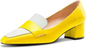 TNYNFBEB Womens Chunky Block Mid Heel Close Square Toe Pumps Slip-on Patchwork Prom Basic Classic 2.0 Inches Heels