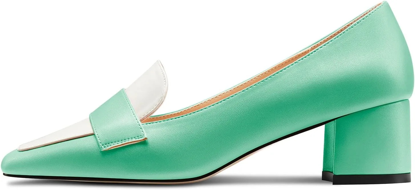 TNYNFBEB Womens Chunky Block Mid Heel Close Square Toe Pumps Slip-on Patchwork Prom Basic Classic 2.0 Inches Heels
