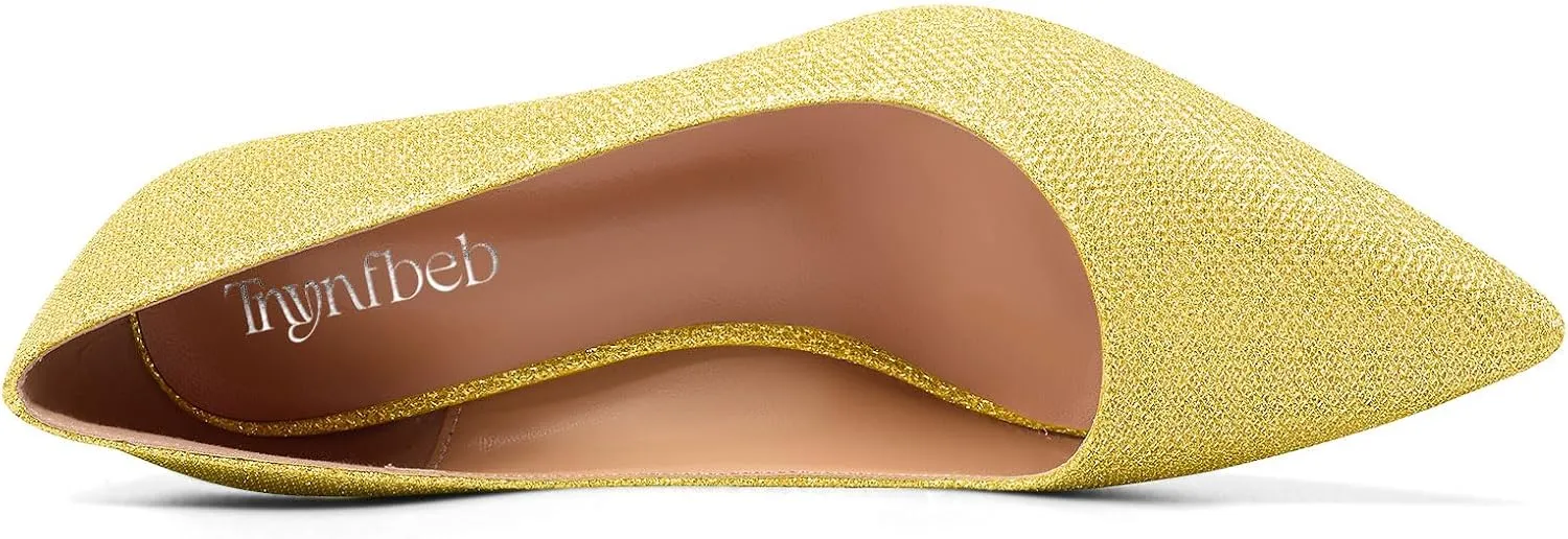 TNYNFBEB Womens Chunky Block Mid Heel Pointed Toe Pumps Slip-on Prom Wedding Basic Classic Glitter Summer 3.2 Inches Heels
