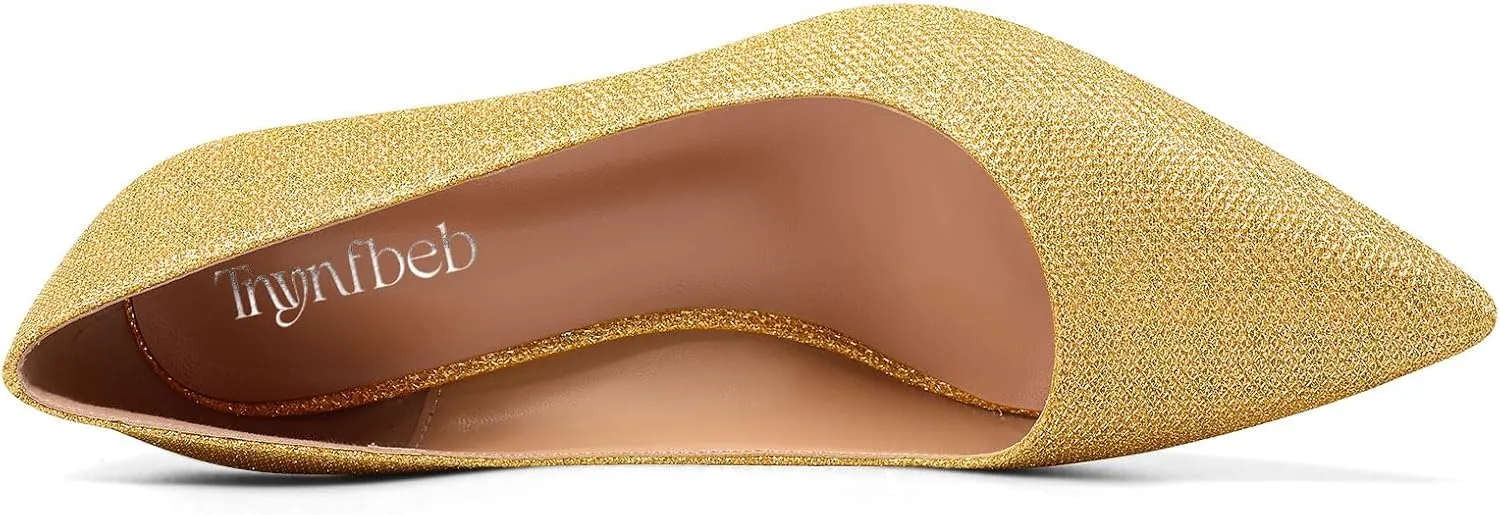 TNYNFBEB Womens Chunky Block Mid Heel Pointed Toe Pumps Slip-on Prom Wedding Basic Classic Glitter Summer 3.2 Inches Heels