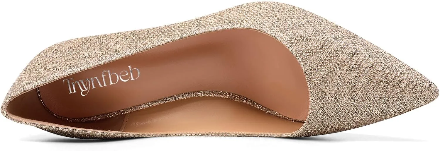 TNYNFBEB Womens Chunky Block Mid Heel Pointed Toe Pumps Slip-on Prom Wedding Basic Classic Glitter Summer 3.2 Inches Heels