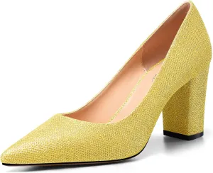 TNYNFBEB Womens Chunky Block Mid Heel Pointed Toe Pumps Slip-on Prom Wedding Basic Classic Glitter Summer 3.2 Inches Heels