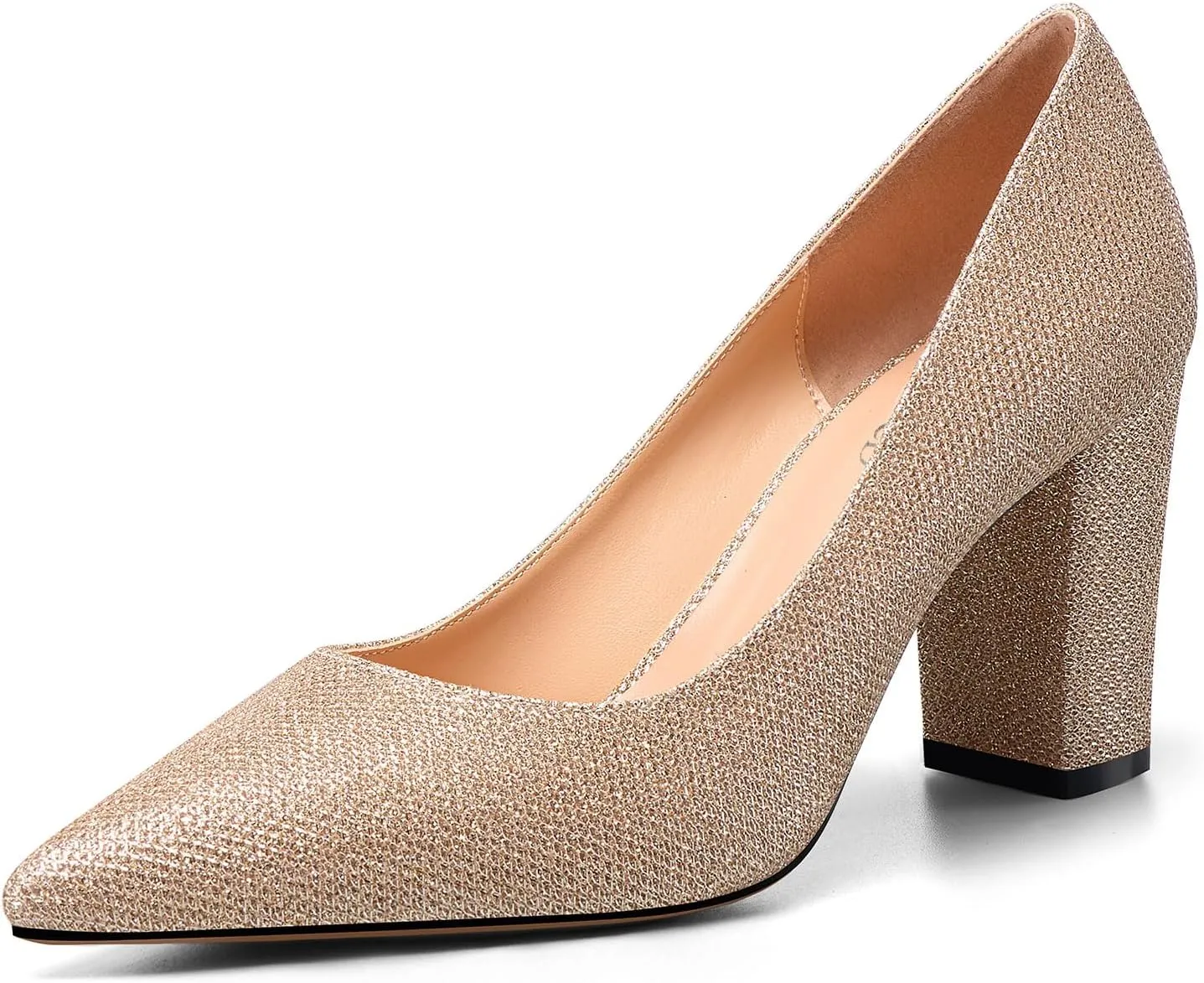 TNYNFBEB Womens Chunky Block Mid Heel Pointed Toe Pumps Slip-on Prom Wedding Basic Classic Glitter Summer 3.2 Inches Heels