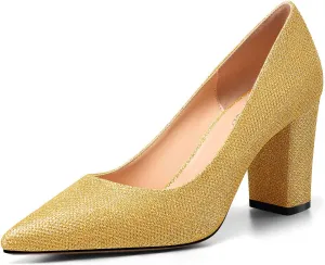 TNYNFBEB Womens Chunky Block Mid Heel Pointed Toe Pumps Slip-on Prom Wedding Basic Classic Glitter Summer 3.2 Inches Heels
