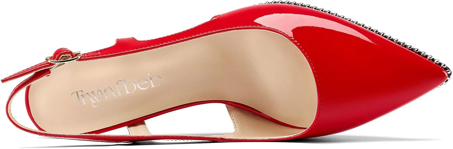 TNYNFBEB Womens Kitten Heel Pointed Toe Pumps Sliver Beaded Slingback Slip-on Buckle Prom Dress Basic Classic Patent Leather Summer 2.6 Inches Heels