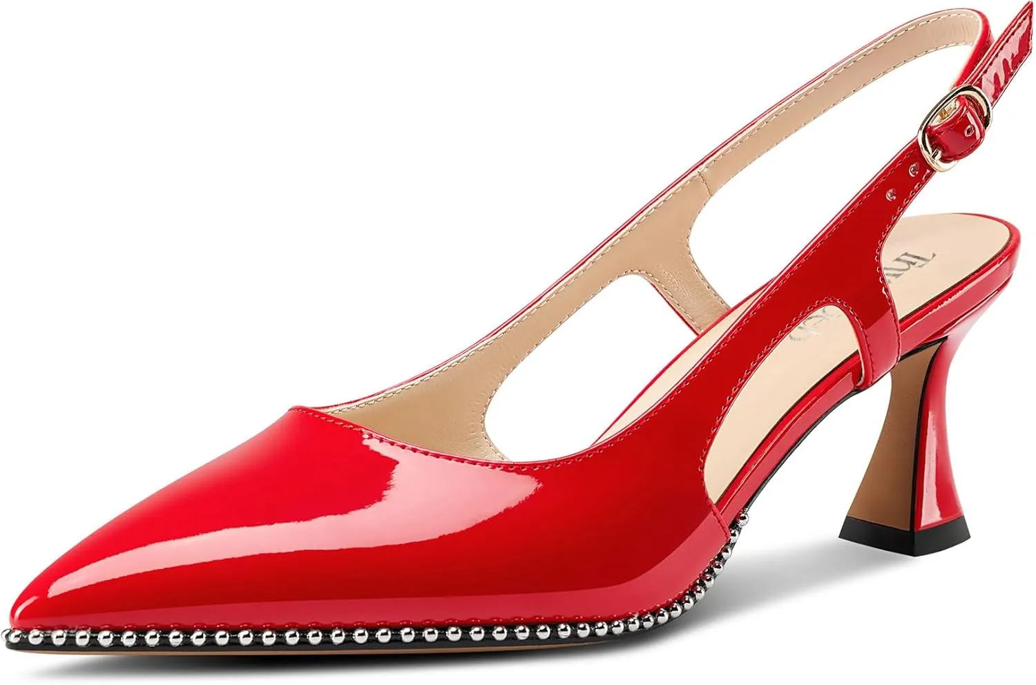 TNYNFBEB Womens Kitten Heel Pointed Toe Pumps Sliver Beaded Slingback Slip-on Buckle Prom Dress Basic Classic Patent Leather Summer 2.6 Inches Heels